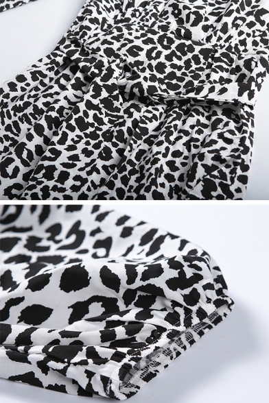 Womens Stylish Leopard Pattern Deep V-Neck Puff Long Sleeve Tied Waist Black Mini Party Dress
