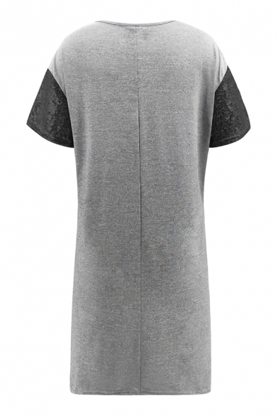 Womens Stylish Round Neck Short Sleeve Loose Mini Sequined T-Shirt Dress