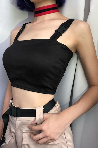 Basic Black Sleeveless Buckle Strap Knit Slim Fit Crop Cami Top for Women