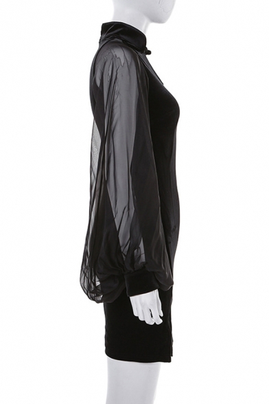 Black Mesh Patch Lantern Long Sleeve One Button Stand Collar Hollow-Out Split Vintage Mini Cheongsam Dress