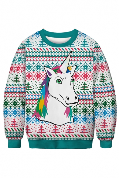 Christmas Cat Dinosaur Rainbow Unicorn 3D Printed Long Sleeve Crew Neck Casual Sweatshirt