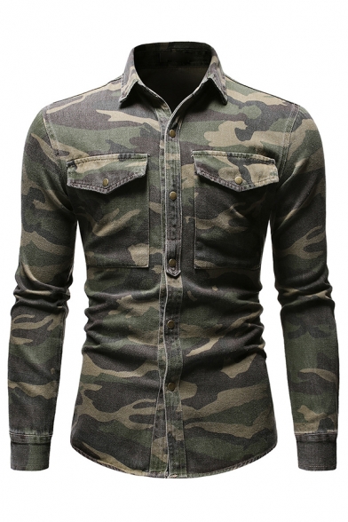 Classic Camouflage Pattern Long Sleeve Single Breasted Military Shirt with Chest Pocket