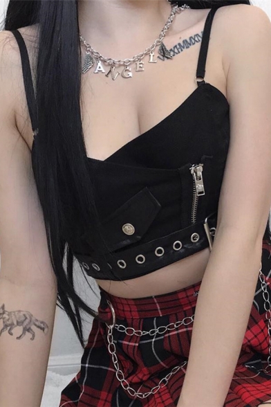 Cool Gothic Girls' Sleeveless V-Neck Zip Pocket Eyelet Buckle Embellished Slim Black Crop Cami Top