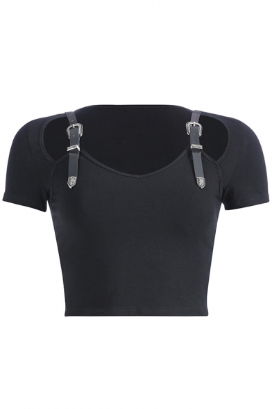 Cool Street Girls' Short Sleeve Round Neck Eyelet Buckle Cut Out Cotton Black Fitted Crop Tee