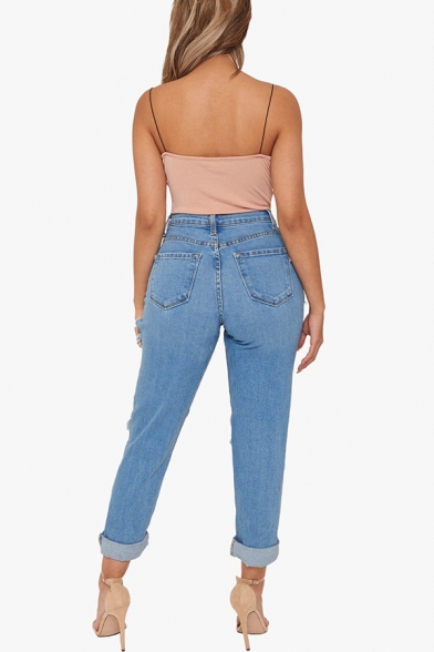 Edgy Girls' High Waist Distressed Rolled Cuffs Ankle Length Slim Fit Carrot Jeans in Light Blue