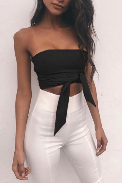Edgy Girls' Plain Sleeveless Strapless Bow-Tie Front Zip Back Slim Fit Crop Tube Top for Nightclub