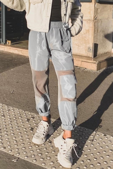 Edgy Looks Elastic Waist Utility See-Through Mesh Patched Cuffed Ankle Grey Relaxed Trousers for Women