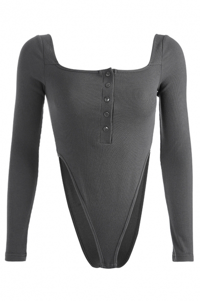 Edgy Looks Long Sleeve Off The Shoulder Button High Cut Knit Plain Bodysuit for Sexy Girls