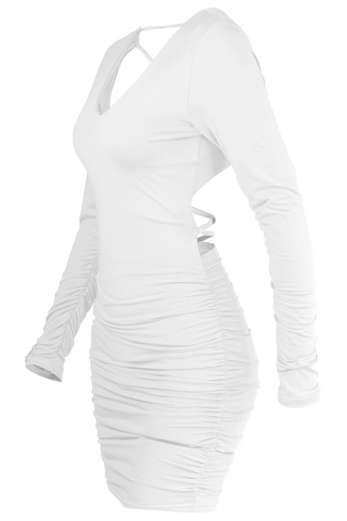 Edgy Women Solid Color V-Neck Long Sleeve Crisscross Back Mini Bandage Dress for Party