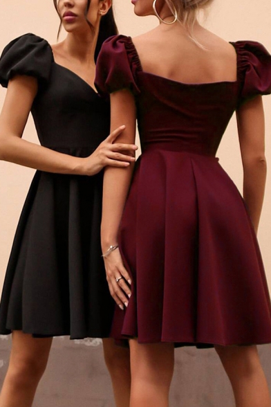 Formal Fancy Ladies' Puff Sleeve Sweetheart Neck Plain Pleated Midi A-Line Evening Dress