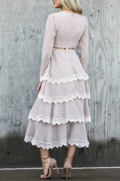 Formal Stylish Ladies' Long Sleeve V-Neck Button Hollow Out Waist Tiered Lace Trim Long A-Line Dress in Apricot