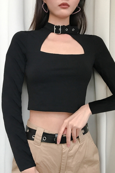 Girls' Cool Black Long Sleeve Eyelets Buckle Halter Cut Out Cotton Slim Fit Crop T-Shirt