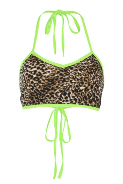 Girls' Cool Brown Sleeveless V-Neck Halter Open Back Leopard-Print Contrast Piping Crop Bustier for Party