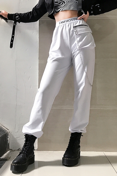 Girls' Fashion Elastic Waist Flap Pocket Chain Letter I AM HOTTY Cuffed Long Relaxed Tapered Trousers in White