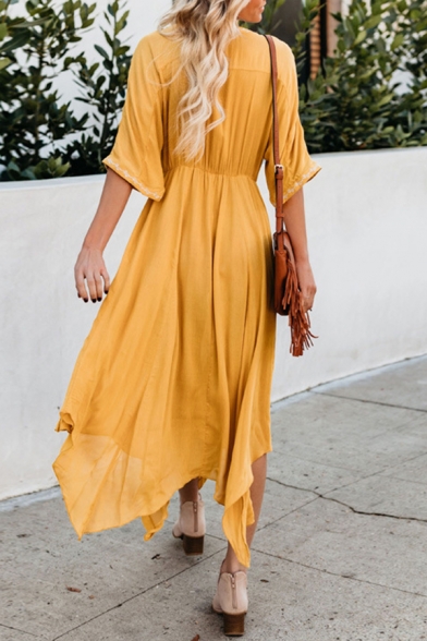 Gorgeous Ladies' Three-Quarter Sleeve Deep V-Neck Floral Embroidered Pleated Asymmetric Maxi Bohemian Flowy Dress in Yellow