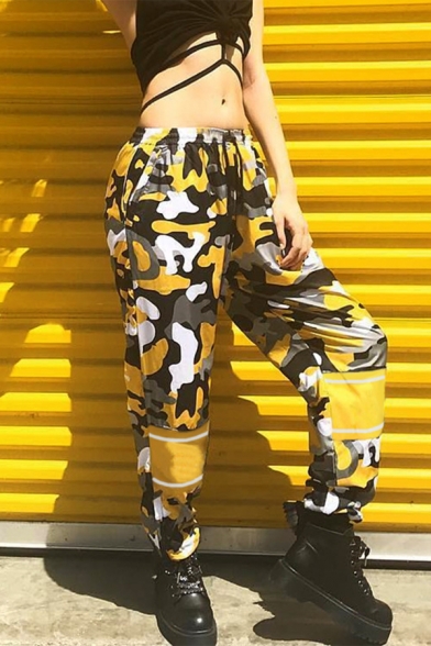 Hip Hop Girls' Drawstring Waist Camo Print Panelled Cuffed Oversize Long Carrot Pants in Yellow