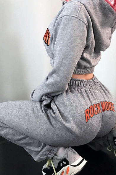 Hip Hop Street Grey Elastic Waist ROCK MORE Letter Print Cuffed Long Relaxed Tapered Sweatpants for Women
