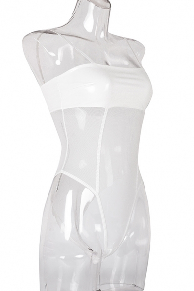 Hot Women's Sleeveless See-Through Mesh Patched Slim Fit White Cami Bodysuit for Club