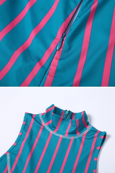 Ladies' Stylish Sleeveless Deep V-Neck Zip Front Stripe Print Contrast Stitch Reflective Skinny Shorts Rompers