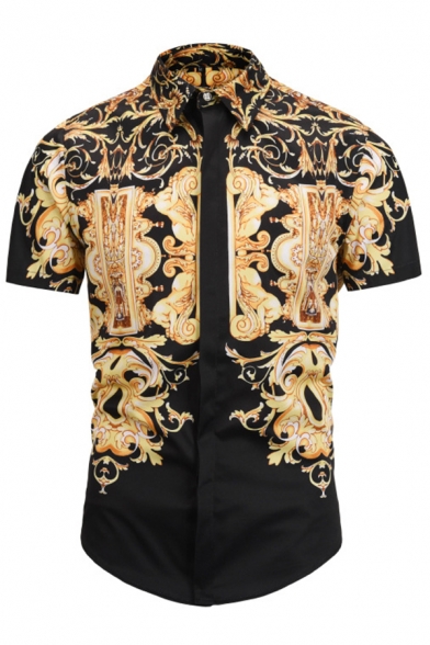 Men's Luxury Digital Printed Short Sleeve Turndown Collar Button Up Slim Fit Black Baroque Shirt