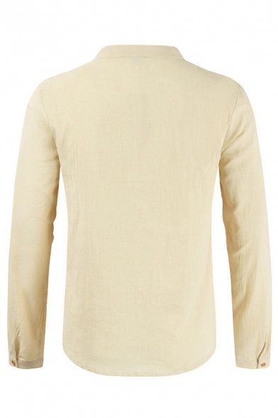 Mens Casual Plain Apricot Long Sleeve Single Button V-neck Linen Henley Shirt