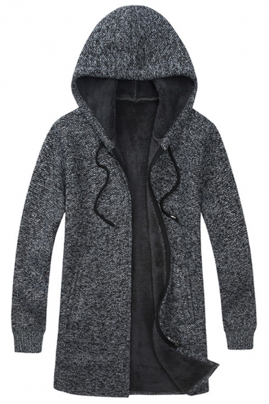 Mens Casual Plain Dark Gray Long Sleeve Drawstring Hood Zip Placket Longline Cardigan Coat
