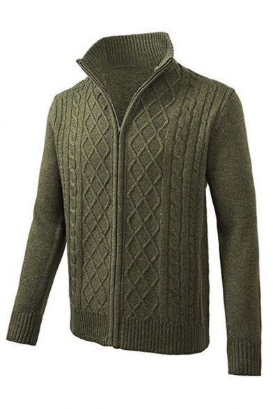 ROUM Mens Knitted Cardigan Sweater Chunky Knit Jacket Full Zip Front Stand Collar Long Sleeve Knitwear Classic Vintage Jacket Sweater Casual Slim Warm Winter Coat Cable Wool Cardigan