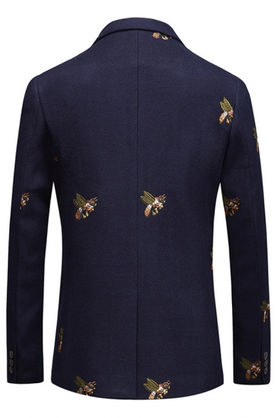 Mens Chic Embroidered Bee Pattern Notch Lapel One Button Flap Pocket Navy Suit Blazer