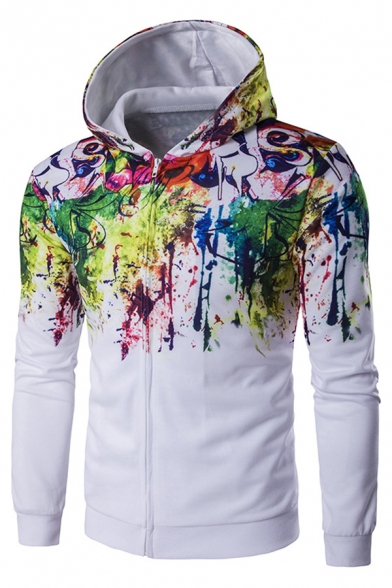 Mens Colorful Splash Paint Graffiti Pattern Long Sleeve Zip Up White Fitted Casual Hoodie