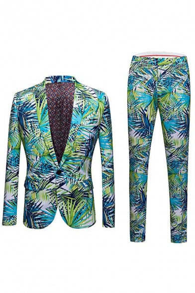 Mens Leisure Hawaii Style Leaf Pattern Single Button Blazer Coat and Pants Two Pieces Suit Set