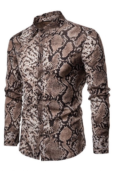 Mens New Stylish Snakeskin Pattern Long Sleeve Button Up Fitted Party Shirt