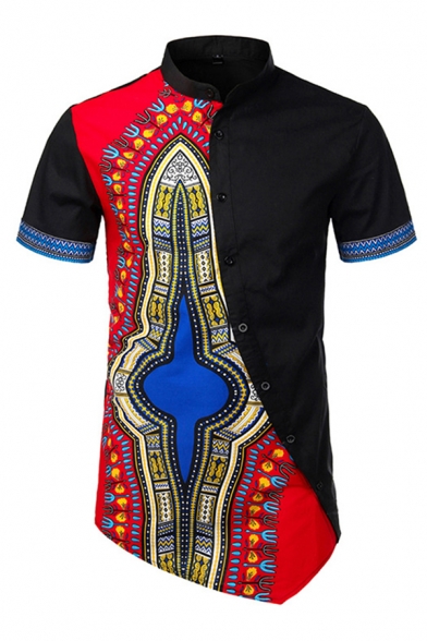 Mens Retro Tribal Pattern Patch Short Sleeves Button Placket Asymmetric Hem Tunic Shirt