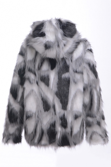 Short Gray And White Faux Fur Fox Coat, White Fake Fur Coat Short Sleeve Mens