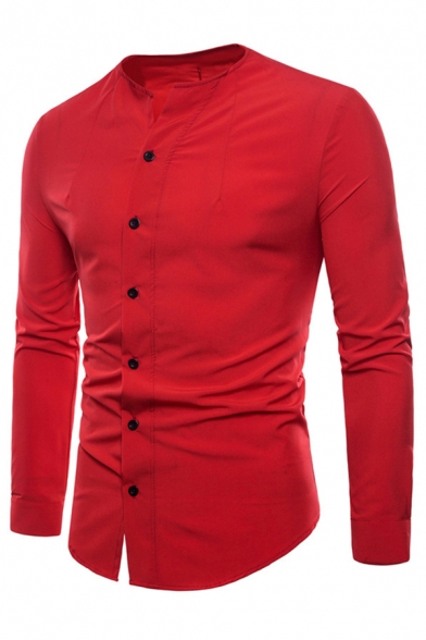 Mens Unique Collarless Long Sleeve Slim Fitted Button-Up Whole Colored Shirt