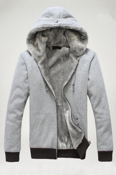 Mens Winter Popular Light Gray Plain Long Sleeve Zip Up Thick Casual Jacket Drawstring Hoodie