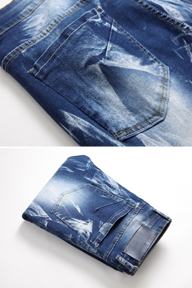 Metrosexual Men's Pleated Spliced Zip Fly Straight Jeans Faded Wash Denim Pants