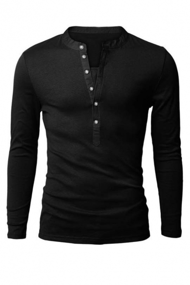Metrosexual Mens Simple Plain Long Sleeve Button Front Fake Two Pieces Panel Henley Shirt