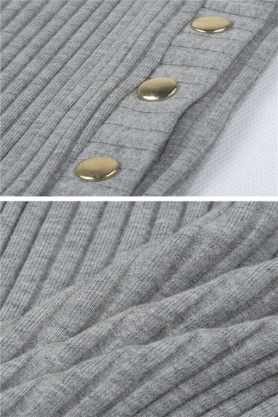 Plain Elegant High Waist Button High Slit Side Knit Long Bodycon Skirt for Ladies