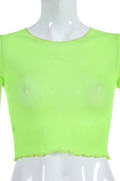Plain Unique Women's Short Sleeve Crew Neck See-Through Mesh Stringy Selvedge Slim Crop T Shirt for Nightclub