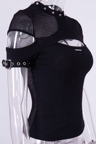 Punk Sexy Gothic Female Short Sleeve Crew Neck Studded Hollow Out Eyelet Buckle Sheer Mesh Slim T-Shirt in Black