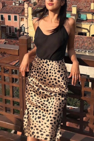 Sexy Elegant Girls Elastic Waist Leopard Print Mid A-Line Skirt in Brown