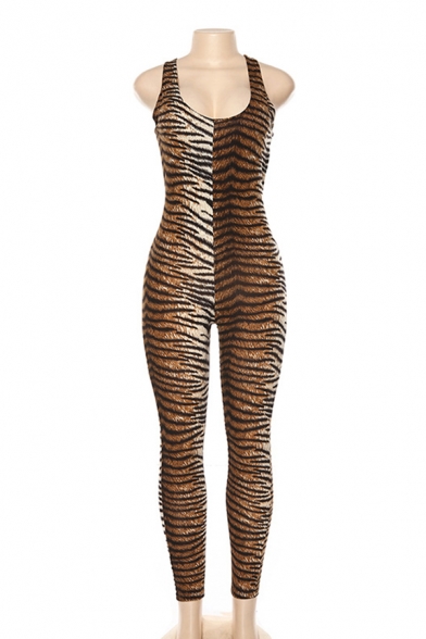 Sexy Ladies' Sleeveless Scoop Neck Tiger Print Hollow Out Ankle Skinny Jumpsuit in Brown