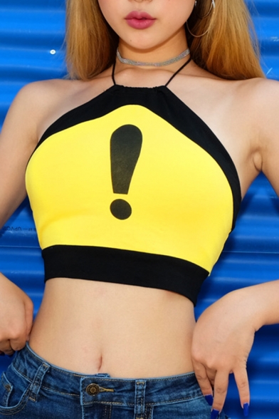 Sexy Yellow Sleeveless Halter Contrast Pipe Exclamation Mark Print Crop Tube Top for Girls