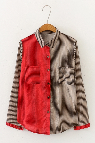 Simple Colorblock Striped Panel Long Sleeve Single Breasted Oversized Linen Shirt