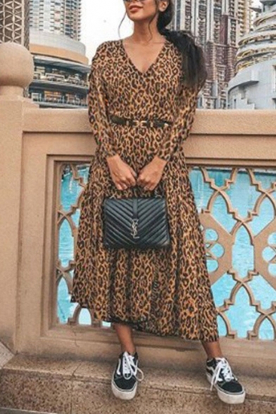 Special Fashion Long Sleeve V-Neck Leopard Print Stringy Selvedge Asymmetric Brown Pleated Maxi Flowy Dress for Women