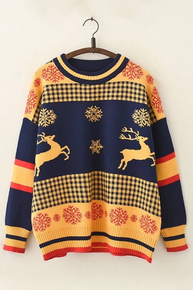 Stylish Color Blocked Deer Snowflake Pattern Long Sleeves Oversized Pullover Sweater