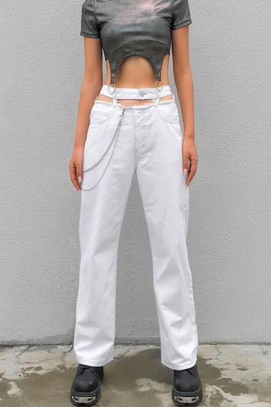 Stylish White Hollow Out Waist Chain Embellished Long Relaxed Flared Jeans for Female