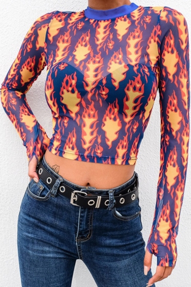 Unique Street Glove Sleeve Crew Neck Flame Print Sheer Red Mesh Crop T-Shirt for Women