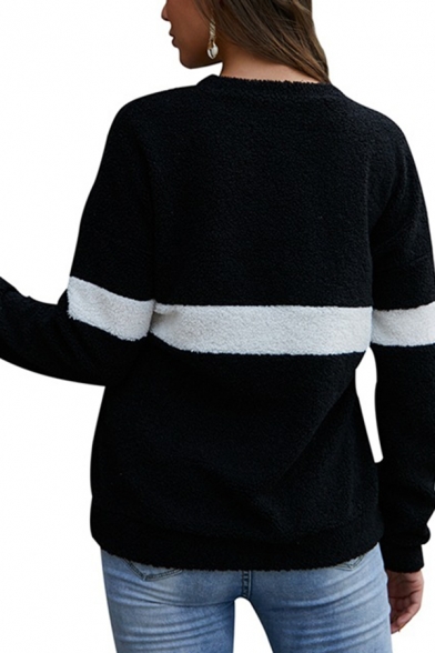 White Stripe Printed Long Sleeve Loose Fit Soft Plush Casual Pullover Sweatshirt