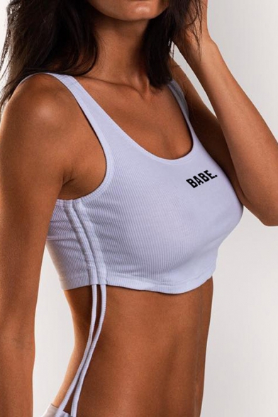 Women's Sport White Sleeveless Round Neck Letter BABE Print Drawstring Side Soft Crop Tank Top